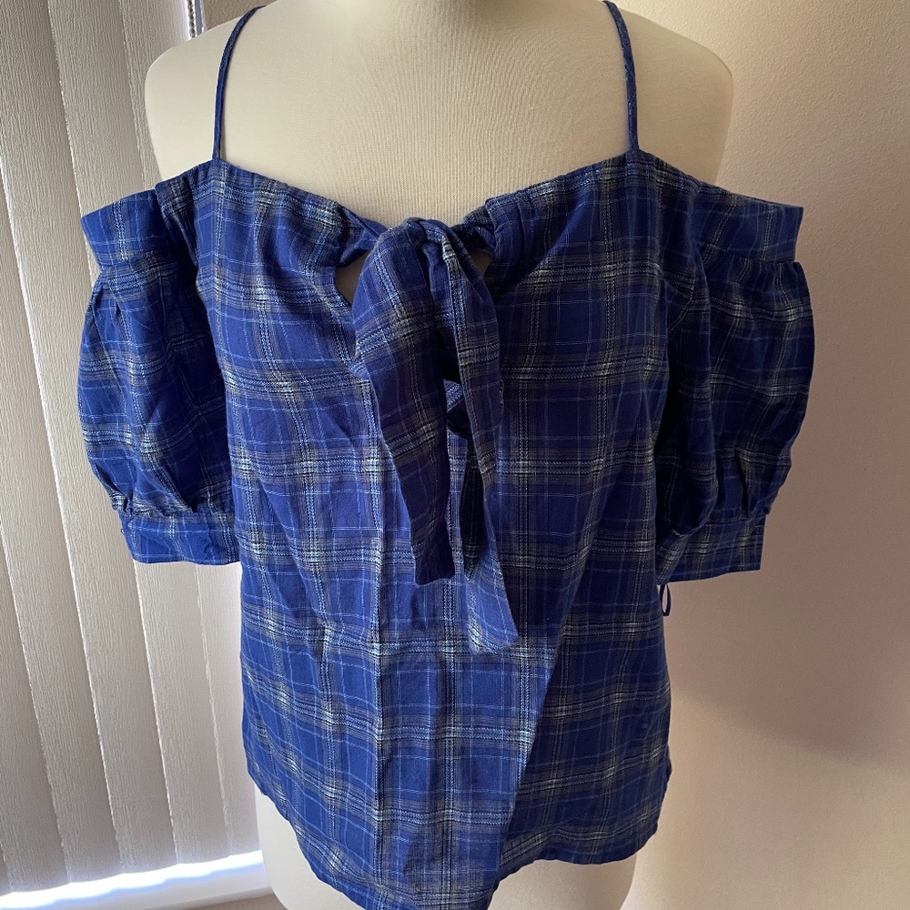 New Paper Crane Blue plaid off shoulder puff sleeve large